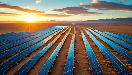 Endless rows of solar panels on a desert horizon, harnessing sunlight and representing the future of renewable energy