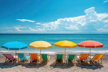 Brightly colored beach chairs with umbrellas line the sandy shore under a clear blue sky on a sunny day