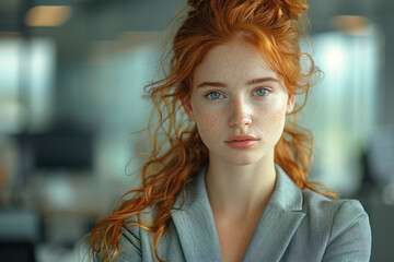 Young woman with red hair in a formal attire looks thoughtfully at the camera in a modern office setting during the day