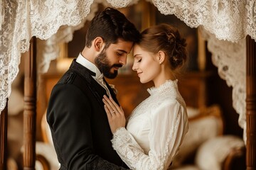 Elegant couple in vintage attire share an intimate moment in a beautifully decorated room filled with classic furniture.