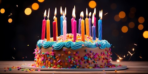 Beautifully vibrant birthday cake with candles, ready for celebration.