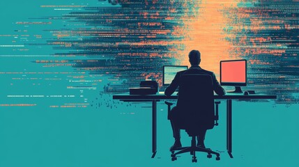 Professional coder analyzing data streams at a desk with multiple monitors. IT and programming concept.