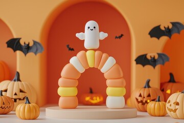 Wall Mural - Cute Halloween scene with marshmallow ghost, candy corn, bats and pumpkins