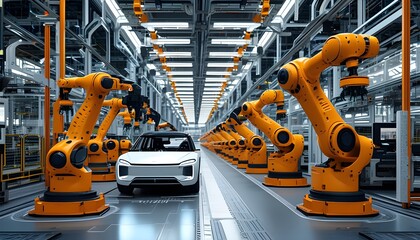 Futuristic car manufacturing facility showcasing automated production lines and AI-driven quality control with advanced robotic assembly systems