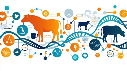 Genetic engineering of livestock, DNA sequences in background, flat design illustration