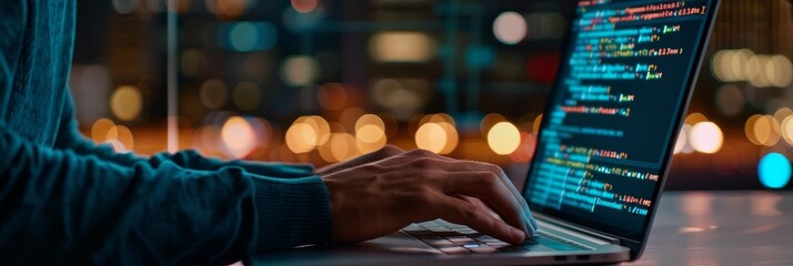 Close-up of a programmer's hands typing code on a laptop.