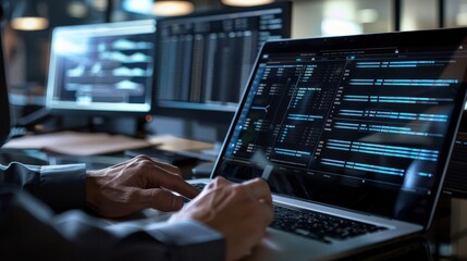 Close-up of a programmer's hands typing code on a laptop.