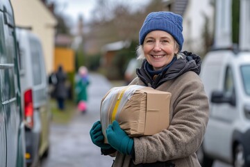 Wall Mural - Smiling delivery woman is holding a package outside in a residential area