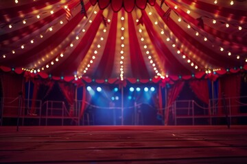 A vibrant circus tent interior features a red and white striped canopy with glowing lights, colorful spotlights, and rich drapes, creating a magical atmosphere for fun and adventure.