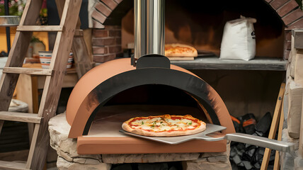 A traditional brick pizza oven, showcasing its rustic design and inviting warmth, ready for baking delicious pizzas.
