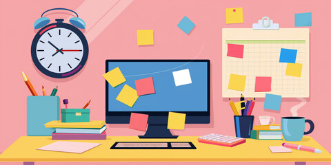 Wall Mural - an organized workspace with a desktop computer, a planner, sticky notes, and a clock, illustrating a