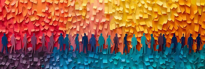 Silhouettes of people crafted from paper stand against a vibrant background of sticky notes in various colors, symbolizing human connection, diversity, and collaboration.