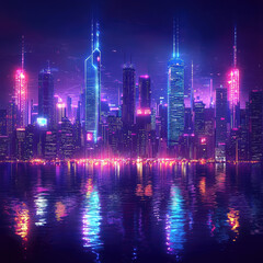 Wall Mural - Night cityscape with glowing neon lights pulsing like sound waves, symbolizing the rhythm and emotion of music in a modern urban setting