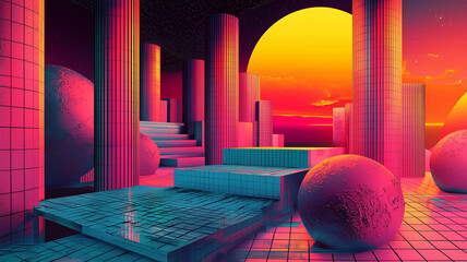 Futuristic Neon Cityscape with Geometric Shapes and Sunset