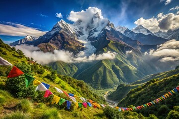 Snow-capped Mt. Fishtail rises majestically above lush green valleys and prayer flag-dotted trails in the Himalayas,