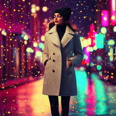 Wall Mural - A young, beautiful girl strolls through the snowy city streets on a winter night, dressed in a modern outfit, eagerly anticipating the New Year and Christmas holidays.