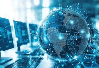 Wall Mural - digital earth representation with global network connections on a blue background in a modern techno