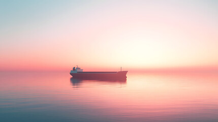 minimalist scene of a cargo ship at sea, the stillness of the water reflecting the delicate colors of a fading sunset