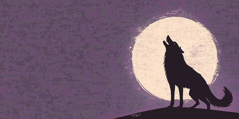 Simple Halloween design with a howling wolf and full moon, muted purple background, grunge texture
