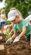© Sangsung - A community garden event where families and children are planting seeds, with educational signs explaining the benefits of organic farming and sustainable agriculture.