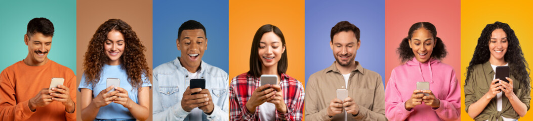 Wall Mural - A group of seven friends, featuring diverse backgrounds, are smiling and focused on their smartphones. The vibrant background colors reflect a joyful indoor atmosphere.