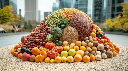 A creative food art installation in an urban park featuring a giant globe made from different grains, fruits, and vegetables, symbolizing global diversity in food.