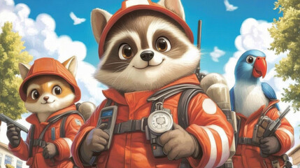 Poster - Three raccoons in fireman outfits standing next to a bird, AI