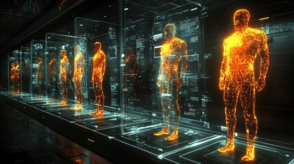 Wall Mural - a futuristic digital voting booth with a holographic ballot box, with people queuing in traditional 