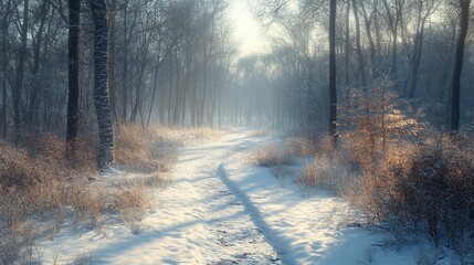 Poster - Snow-covered hiking trail winding through a forest, with tall, bare trees and a bright, clear sky. 4K hyperrealistic photo.