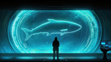 Wall Mural - A genetically modified fish glowing in a specialized tank, with a researcher monitoring a digital dashboard displaying growth patterns and market potential data