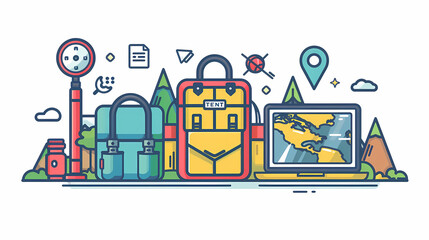 A simple vector icon illustration depicting the group of travel items at center for a website isolated white background