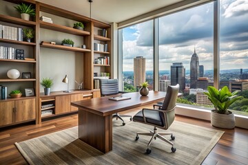 Spacious modern home office in Cleveland features sleek wooden desk, comfortable ergonomic chair, and stylish