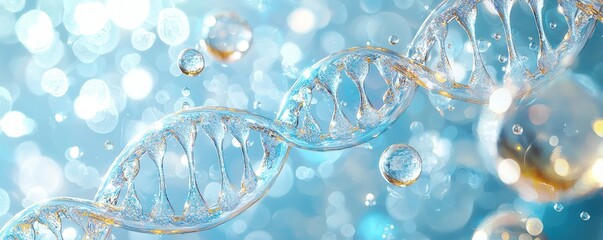 Wall Mural - blue background with white bubbles and two dna strands representing science and biotechnology