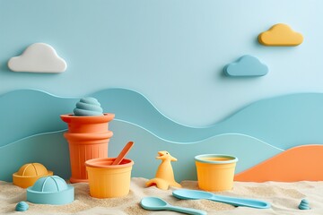 Brightly colored toys with a shovel and bucket for play in a sandpit at a cheerful indoor beach-themed setting