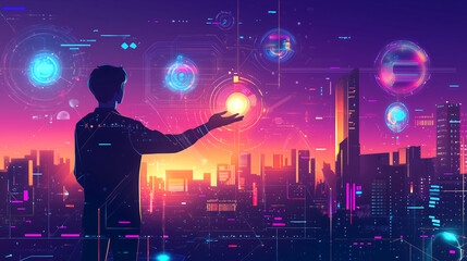 digital artwork depicting an AI professional presenting the future cityscape with holographic data visualization and futuristic buildings in neon colors