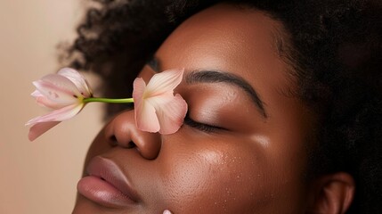 Plus-size woman with a pink flower to her eye in a beauty closeup, showcasing a gentle and tranquil expression in a light studio backdrop.