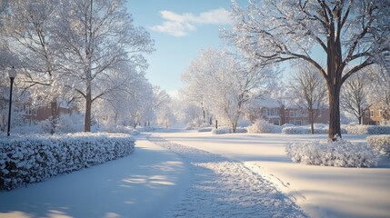 Canvas Print - Snowy pathway winding through a quiet neighborhood park, with frosty trees and a cold, clear sky. 4K hyperrealistic photo.