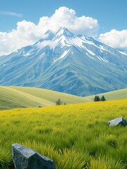 Canvas Print - A majestic snow-capped mountain towers over a lush green field.