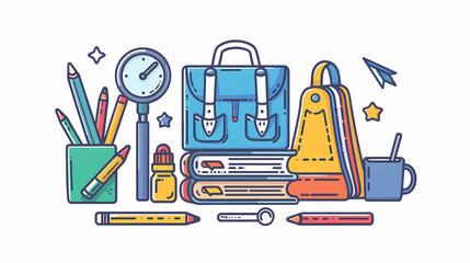 A simple vector icon illustration depicting the group of office supply items at center for a website isolated white background