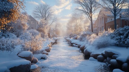 Poster - Walking along a frozen creek in a quiet neighborhood, with snow-covered rocks and frosty branches. 4K hyperrealistic photo.