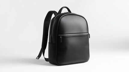 Wall Mural - Sleek black leather backpack on a minimalistic white background highlighting modern design features and functionality