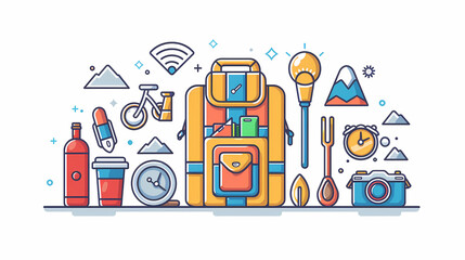 A simple vector icon illustration depicting the group of travel items at center for a website isolated white background