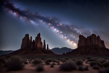 Poster - A majestic starry sky above a desert landscape with distant mountains and towering rock formations, AI Generated