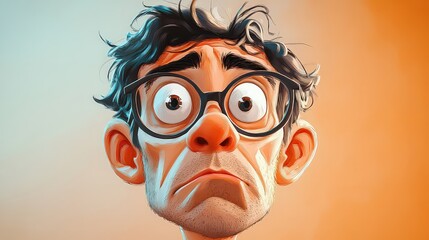  Cartoon man with wide, anxious eyes and disheveled hair, wearing glasses. His exaggerated facial expression shows confusion, worry, and nervousness.