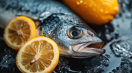 Wall Mural - Freshly caught sea bass with lemon slices.