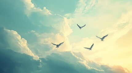 Wall Mural - a tranquil sky at sunset with birds soaring through fluffy clouds, creating a serene and picturesque