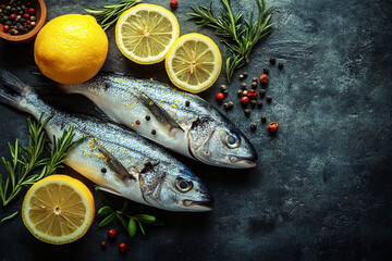 Wall Mural - Freshly caught sea bass with lemon slices.