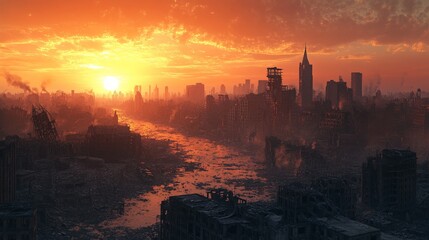 Canvas Print - The sun sets over an apocalyptic city with a skyline of crumbling buildings and widespread ruins, casting an eerie light on a landscape of past human civilization in disarray.