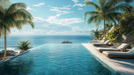 Luxurious infinity pool overlooking a tropical ocean, with sun loungers and palm trees lining the deck. 4K hyperrealistic photo.