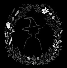 The beautiful fortune teller wearing the witch hat with stars is depicted on the black and white silhouette portrait in round frame with a profile sorceress head in black and white